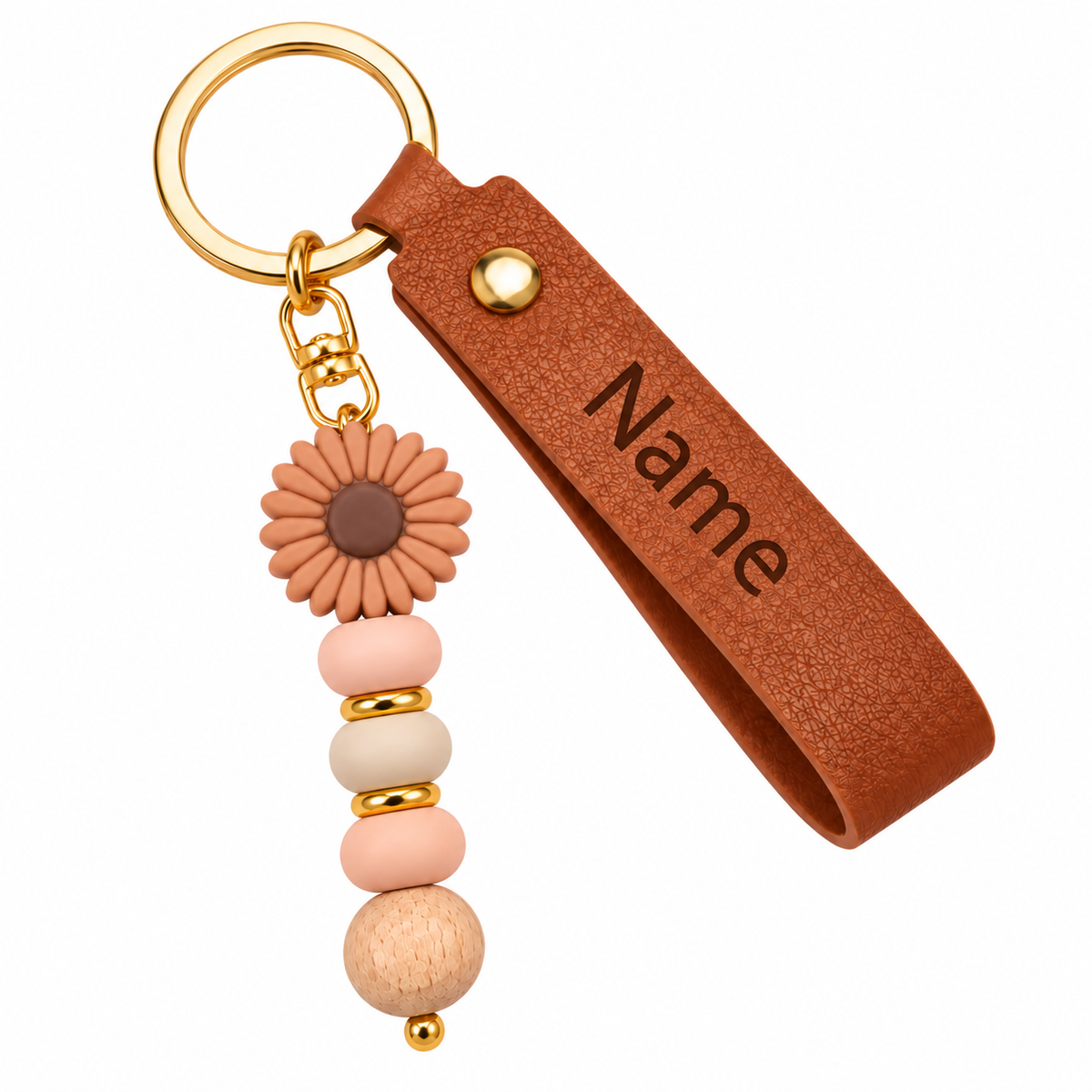 Personalized Name Keychain with Flower Charm – Custom Leather Wristlet Gift for Her
