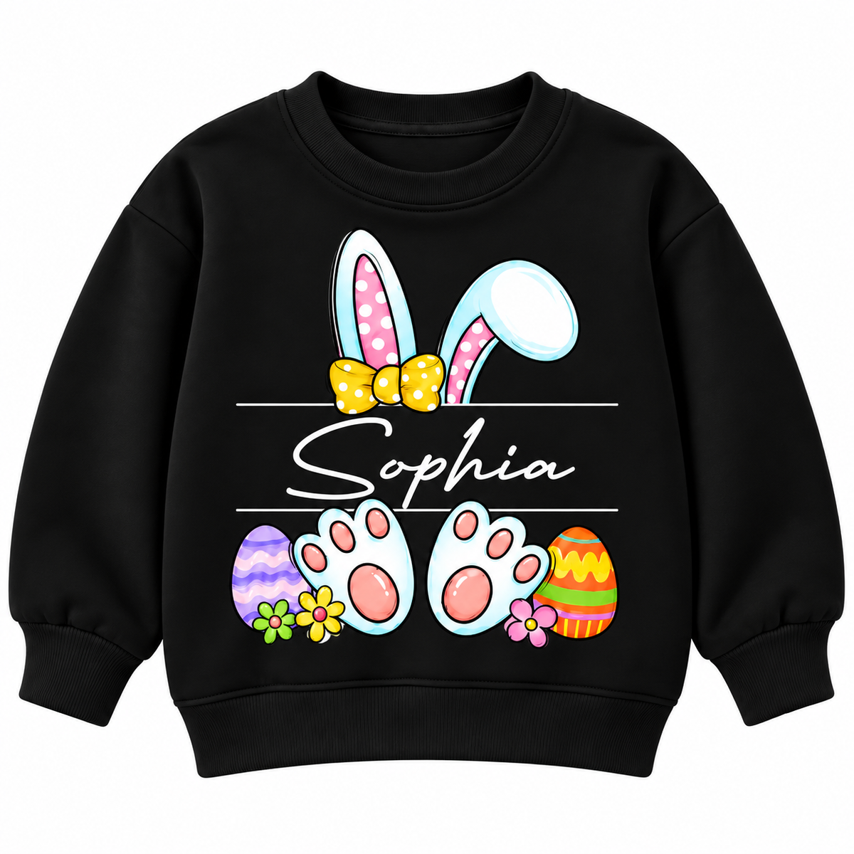 Personalized Name Easter Bunny Sweatshirt for Kids, Cute Rabbit Ears and Colorful Easter Eggs