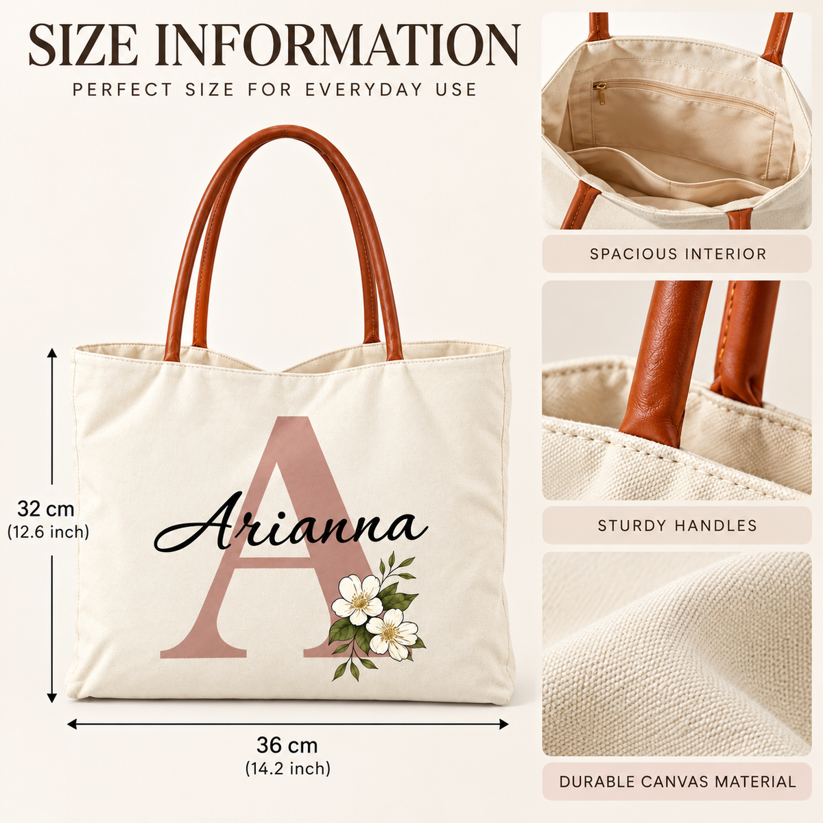 Personalized Flower Initial Tote Bag – Custom Name, Chic & Elegant Everyday Bag