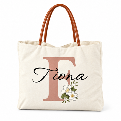 Personalized Flower Initial Tote Bag – Custom Name, Chic & Elegant Everyday Bag