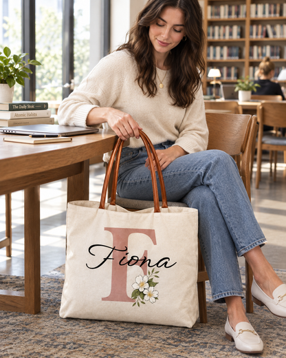 Personalized Flower Initial Tote Bag – Custom Name, Chic & Elegant Everyday Bag