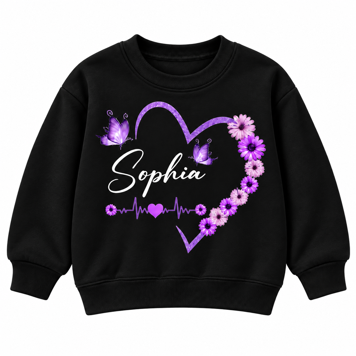 Custom Name Floral Flower Heart Sweatshirt for Kids, Butterfly and Daisy Personalized Crewneck