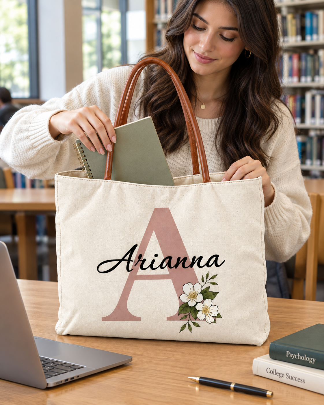 Personalized Flower Initial Tote Bag – Custom Name, Chic & Elegant Everyday Bag