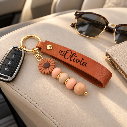 Personalized Name Keychain with Flower Charm – Custom Leather Wristlet Gift for Her