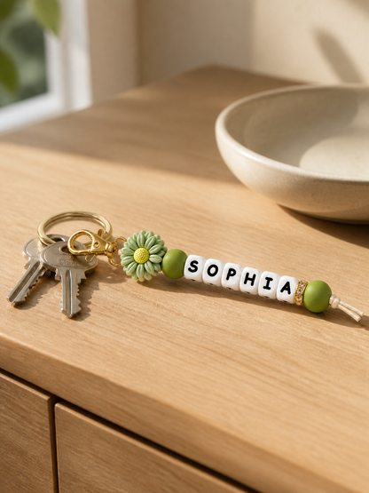 Personalized Name Daisy Keychain – Custom Letter Bead Bag Charm