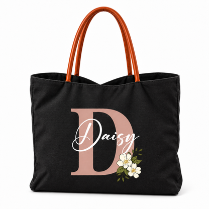 Personalized Flower Initial Tote Bag – Custom Name, Chic & Elegant Everyday Bag