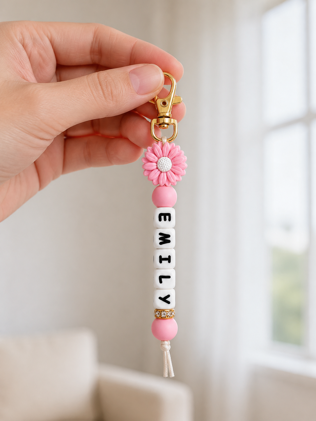 Personalized Name Daisy Keychain – Custom Letter Bead Bag Charm