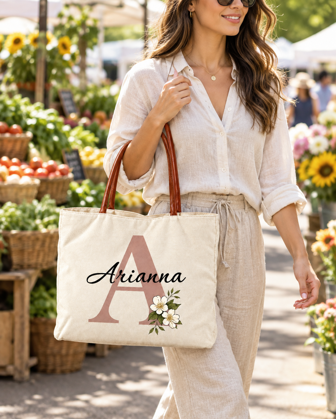 Personalized Flower Initial Tote Bag – Custom Name, Chic & Elegant Everyday Bag