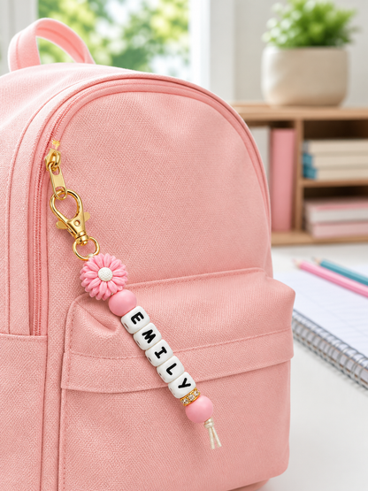 Personalized Name Daisy Keychain – Custom Letter Bead Bag Charm