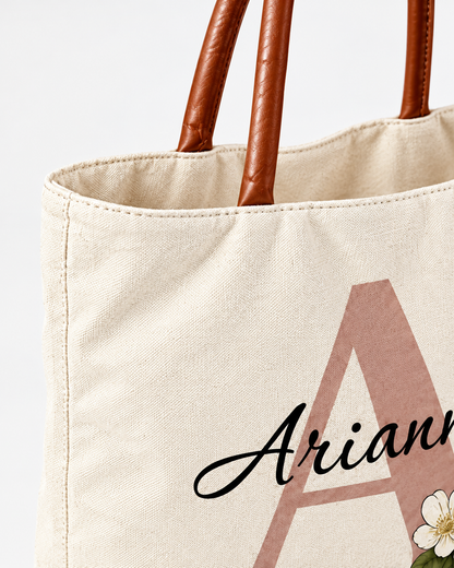 Personalized Flower Initial Tote Bag – Custom Name, Chic & Elegant Everyday Bag