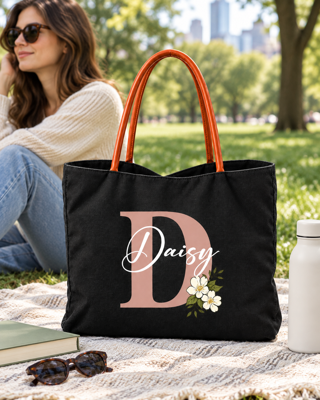 Personalized Flower Initial Tote Bag – Custom Name, Chic & Elegant Everyday Bag