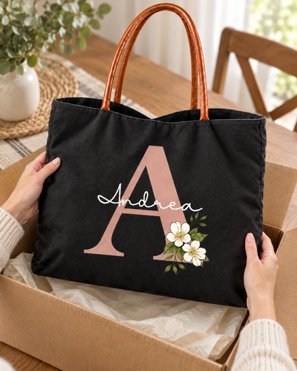 Personalized Flower Initial Tote Bag – Custom Name, Chic & Elegant Everyday Bag