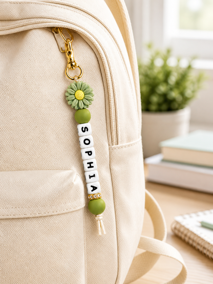 Personalized Name Daisy Keychain – Custom Letter Bead Bag Charm