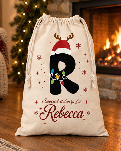 Personalized Christmas Santa Sack with Custom Name, Custom Holiday Gift Bag for Christmas Presents