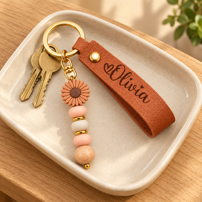 Personalized Name Keychain with Flower Charm – Custom Leather Wristlet Gift for Her
