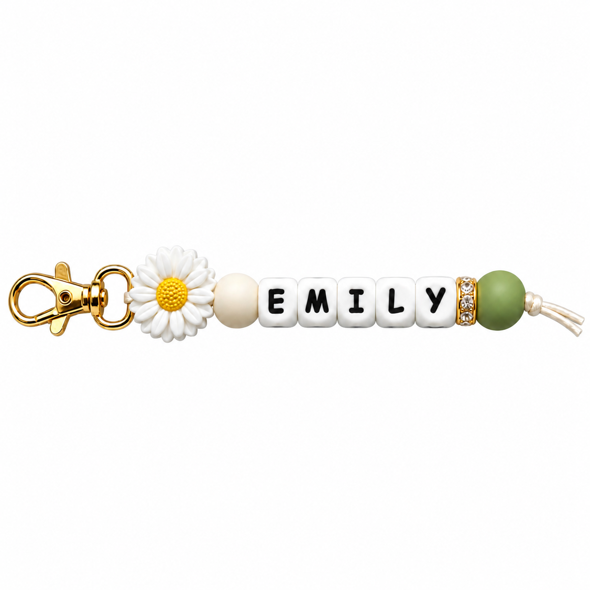 Personalized Name Daisy Keychain – Custom Letter Bead Bag Charm