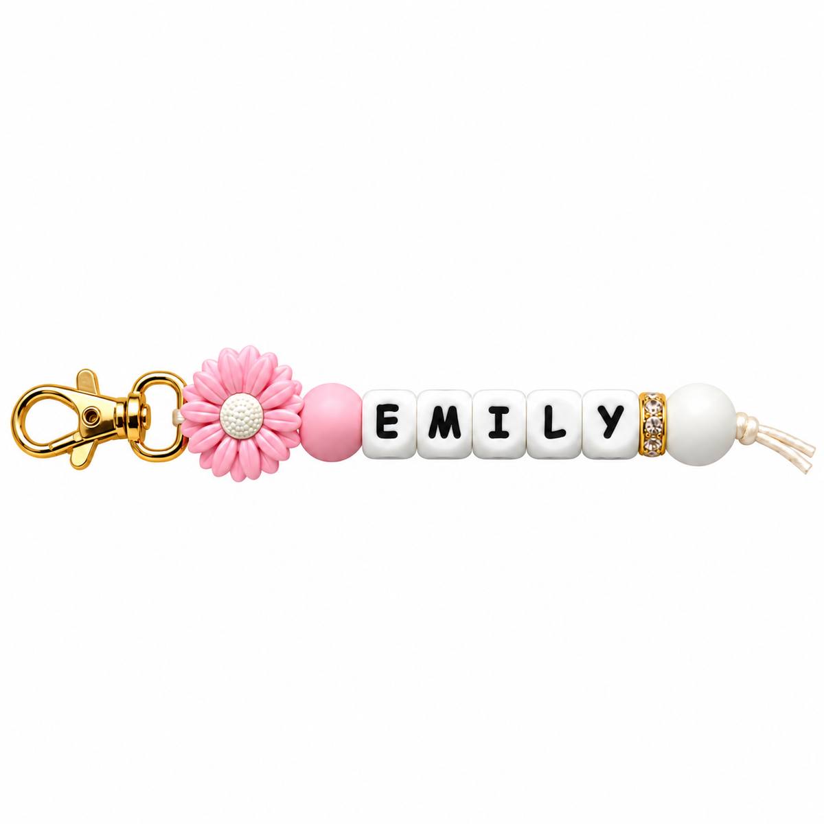 Personalized Name Daisy Keychain – Custom Letter Bead Bag Charm