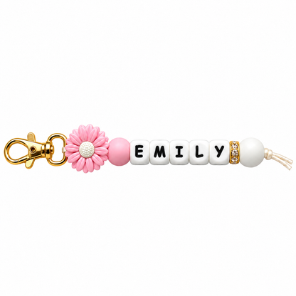 Personalized Name Daisy Keychain – Custom Letter Bead Bag Charm
