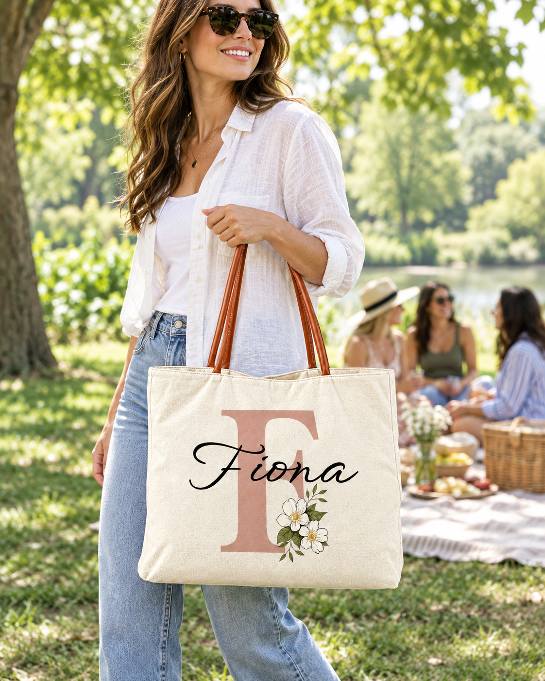 Personalized Flower Initial Tote Bag – Custom Name, Chic & Elegant Everyday Bag