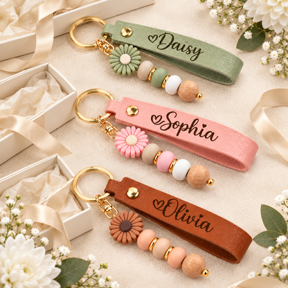 Personalized Name Keychain with Flower Charm – Custom Leather Wristlet Gift for Her