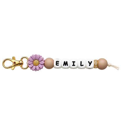 Personalized Name Daisy Keychain – Custom Letter Bead Bag Charm