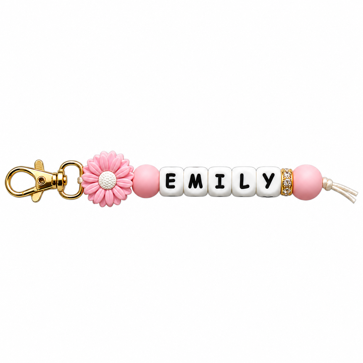 Personalized Name Daisy Keychain – Custom Letter Bead Bag Charm