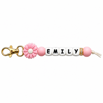 Personalized Name Daisy Keychain – Custom Letter Bead Bag Charm