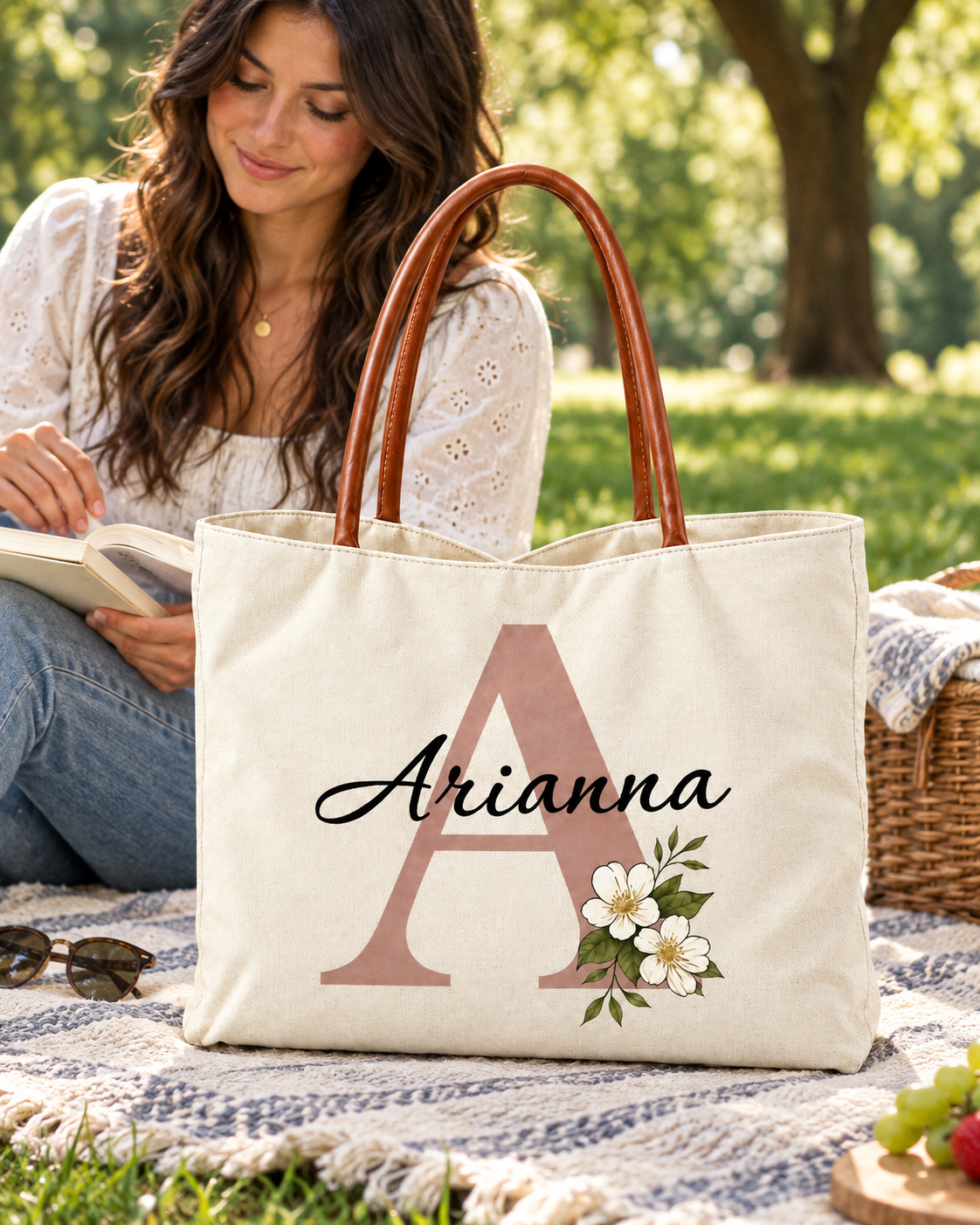 Personalized Flower Initial Tote Bag – Custom Name, Chic & Elegant Everyday Bag