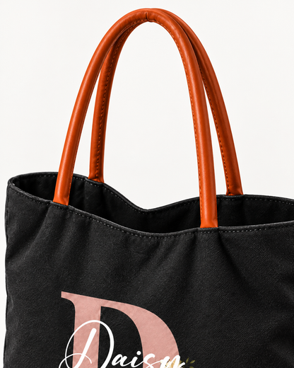 Personalized Flower Initial Tote Bag – Custom Name, Chic & Elegant Everyday Bag
