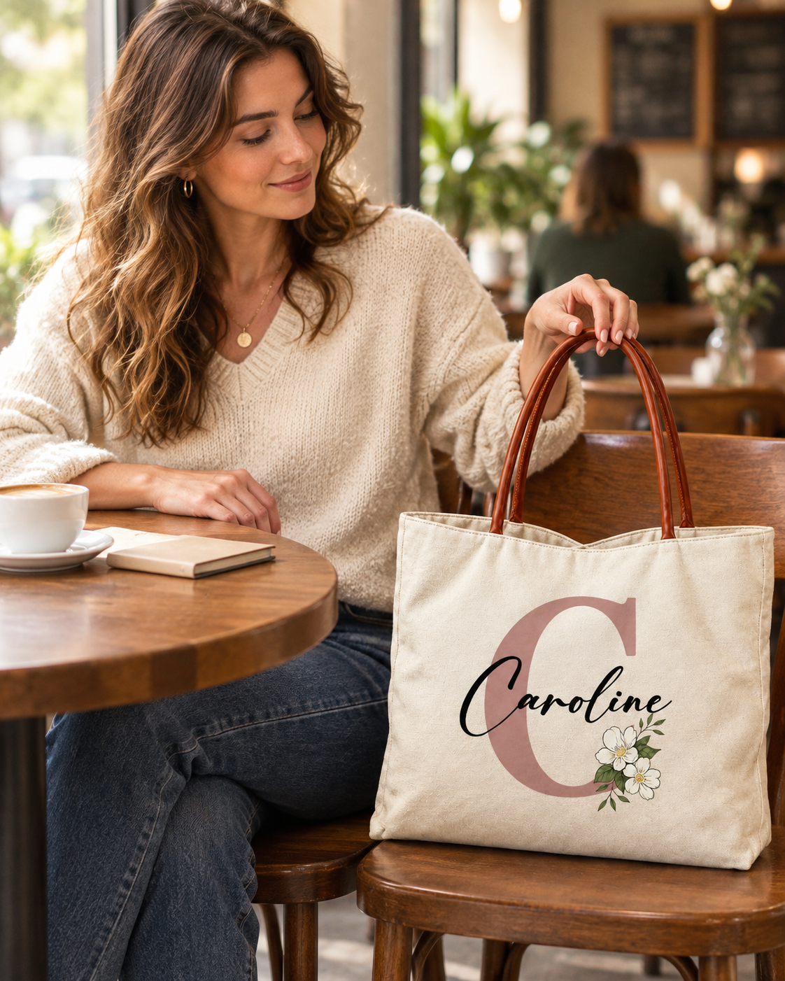 Personalized Flower Initial Tote Bag – Custom Name, Chic & Elegant Everyday Bag
