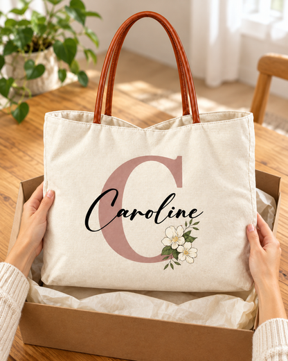 Personalized Flower Initial Tote Bag – Custom Name, Chic & Elegant Everyday Bag