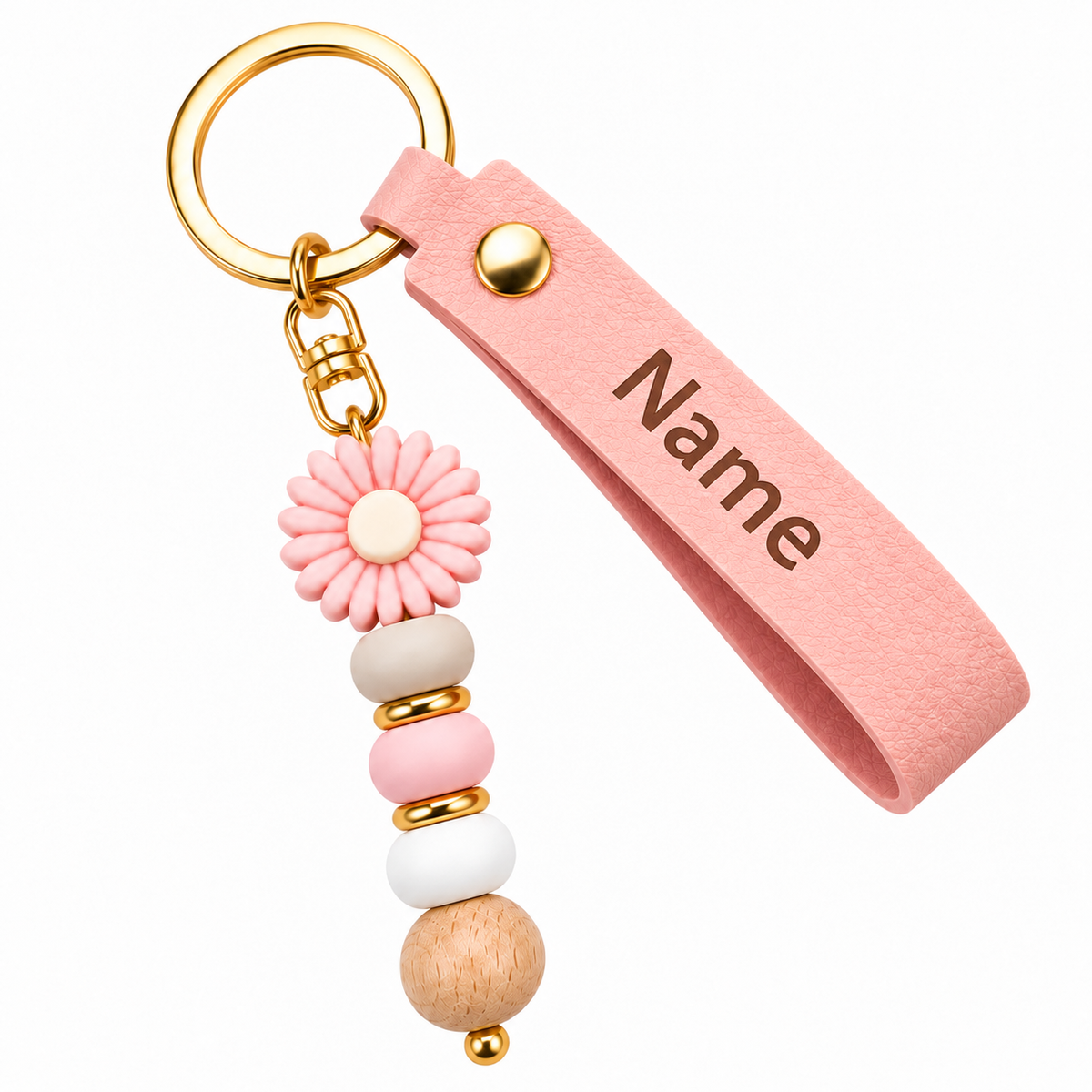 Personalized Name Keychain with Flower Charm – Custom Leather Wristlet Gift for Her