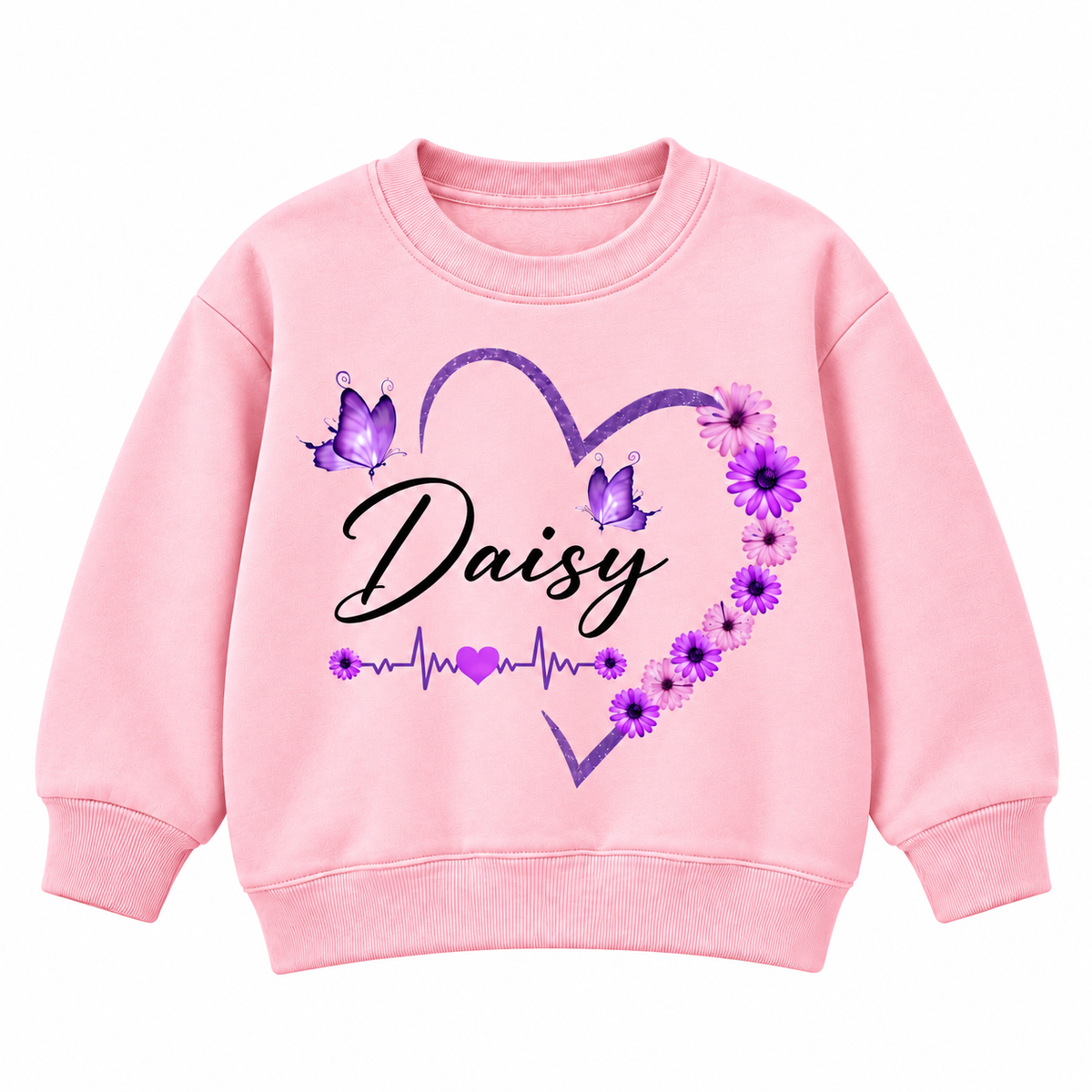 Custom Name Floral Flower Heart Sweatshirt for Kids, Butterfly and Daisy Personalized Crewneck