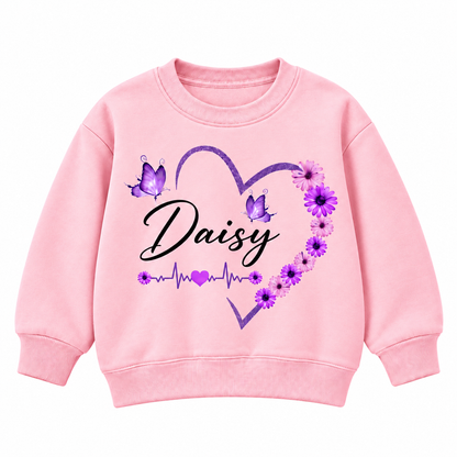 Custom Name Floral Flower Heart Sweatshirt for Kids, Butterfly and Daisy Personalized Crewneck