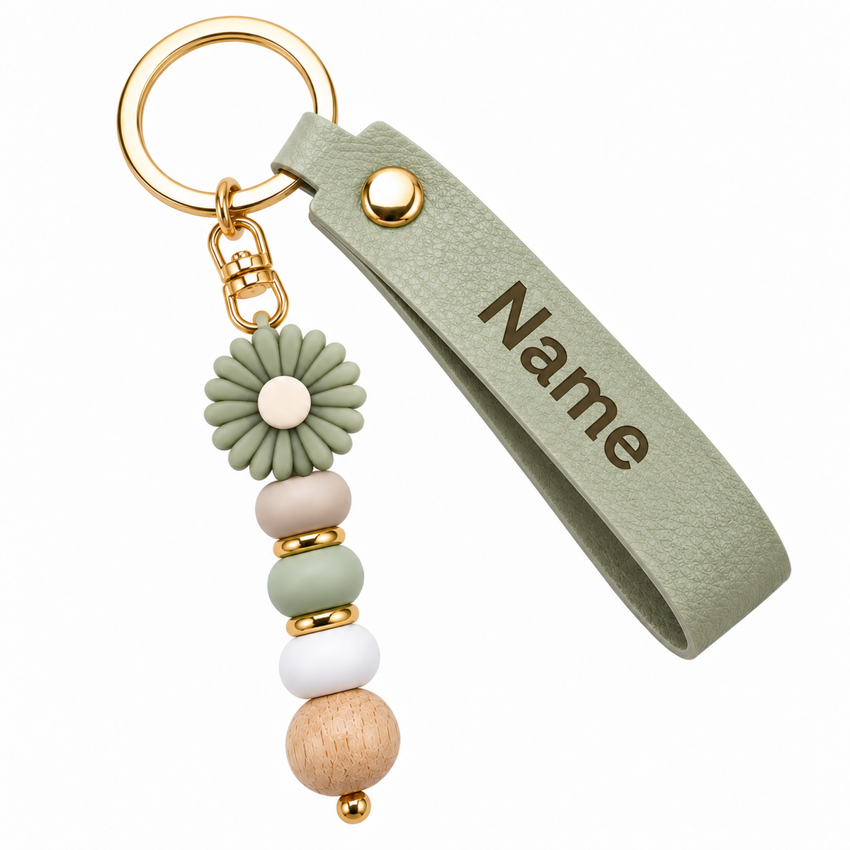 Personalized Name Keychain with Flower Charm – Custom Leather Wristlet Gift for Her