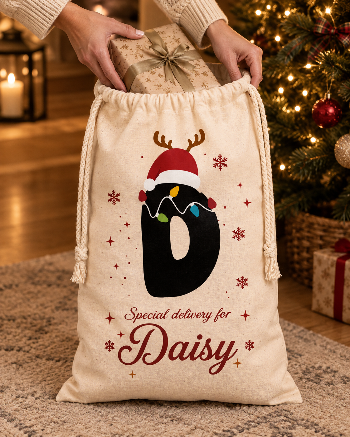 Personalized Christmas Santa Sack with Custom Name, Custom Holiday Gift Bag for Christmas Presents