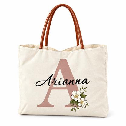 Personalized Flower Initial Tote Bag – Custom Name, Chic & Elegant Everyday Bag