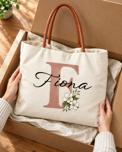 Personalized Flower Initial Tote Bag – Custom Name, Chic & Elegant Everyday Bag