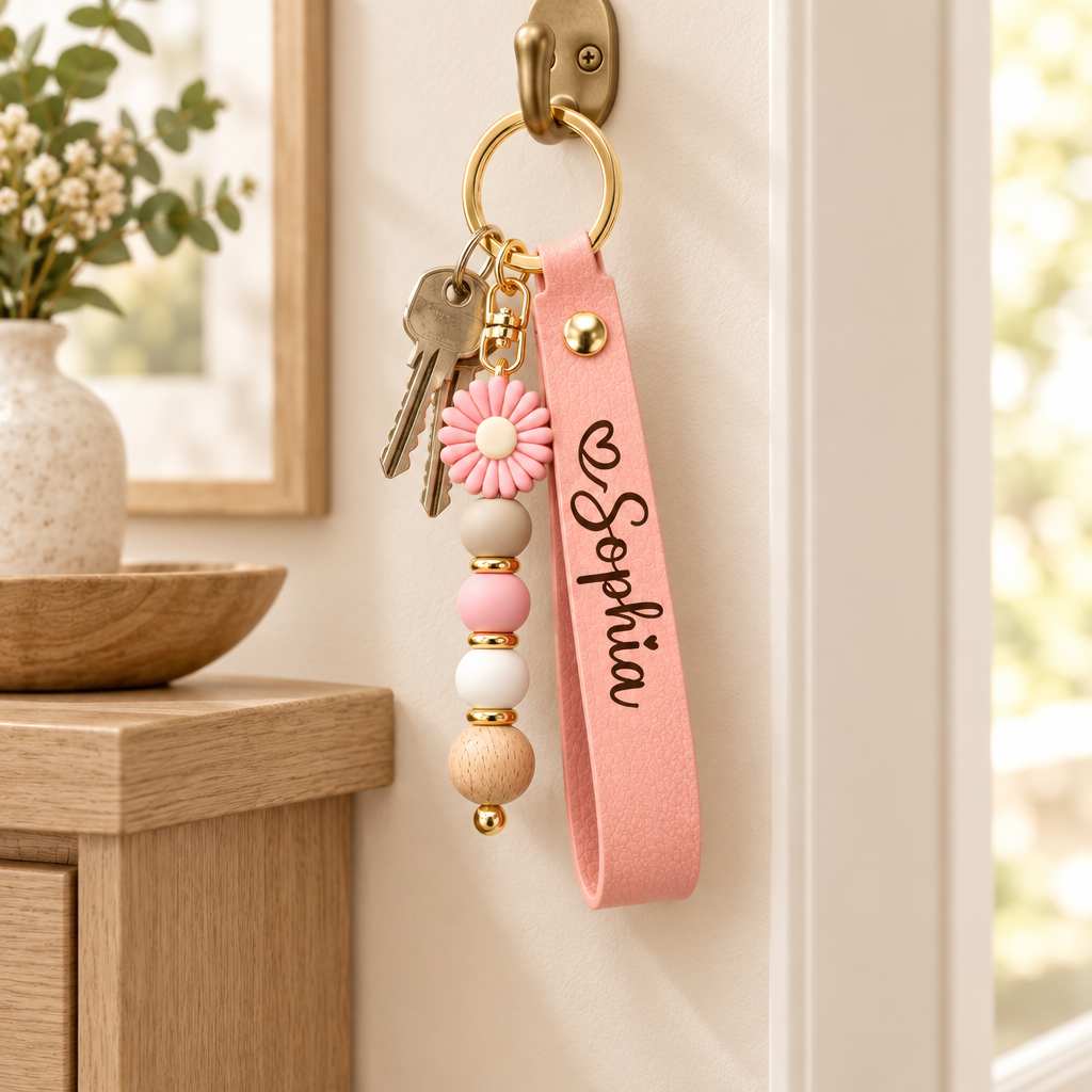 Personalized Name Keychain with Flower Charm – Custom Leather Wristlet Gift for Her