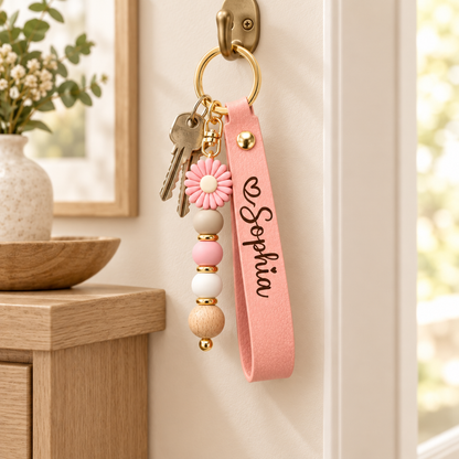 Personalized Name Keychain with Flower Charm – Custom Leather Wristlet Gift for Her
