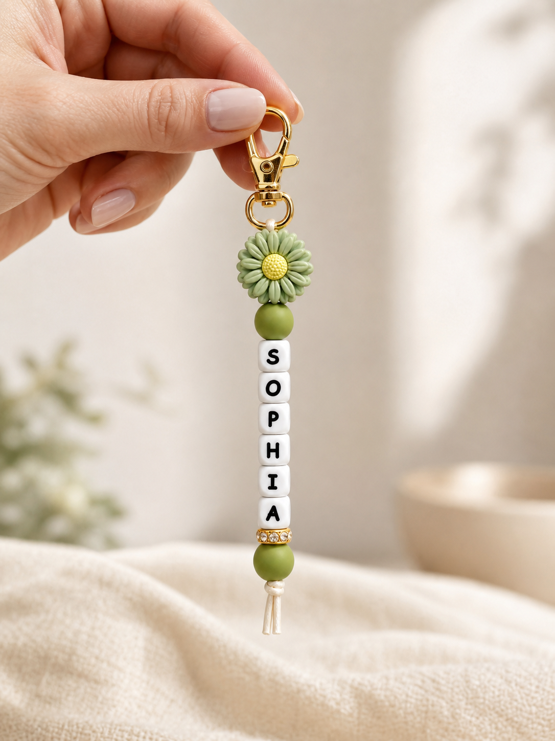 Personalized Name Daisy Keychain – Custom Letter Bead Bag Charm