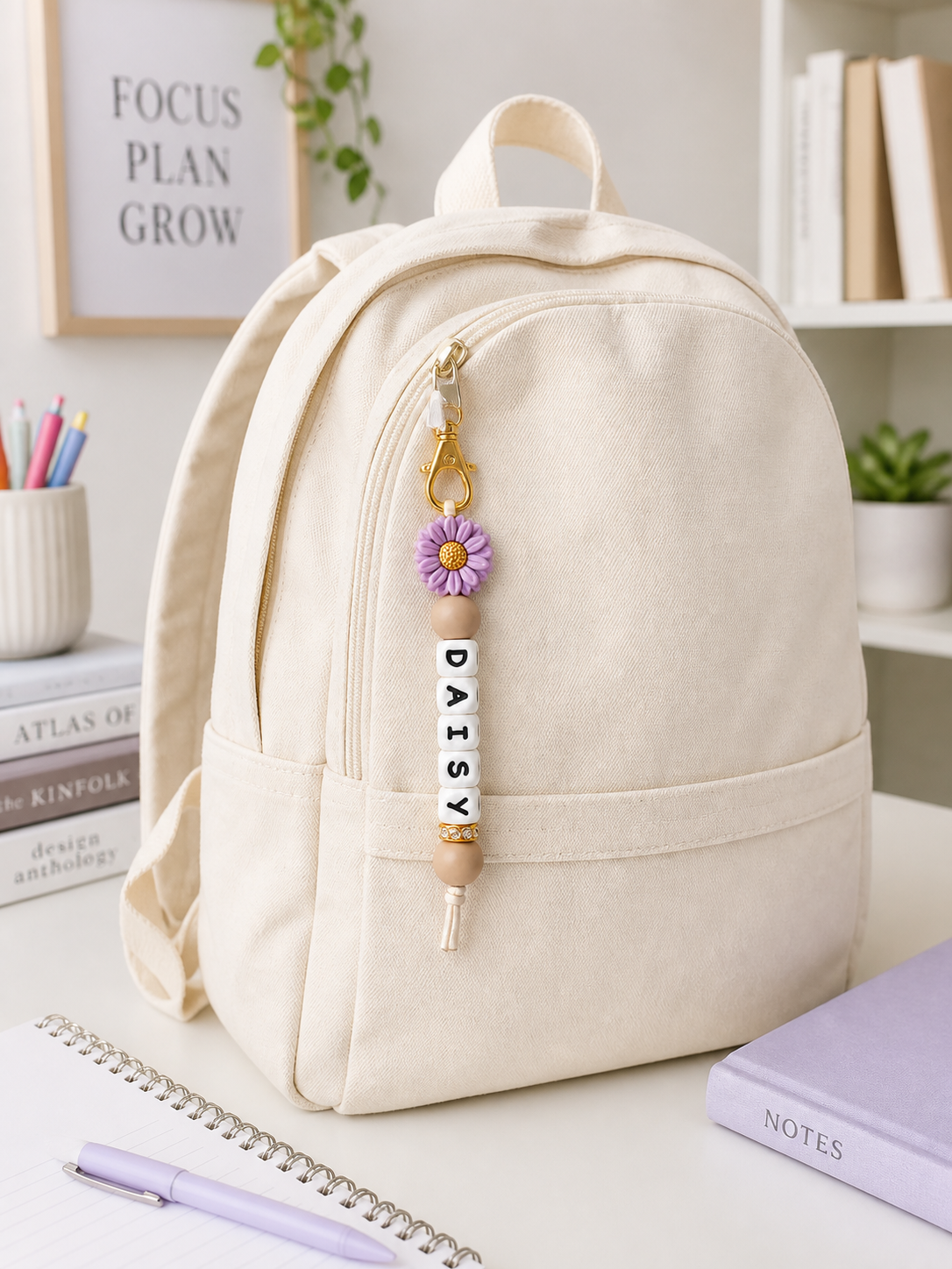 Personalized Name Daisy Keychain – Custom Letter Bead Bag Charm