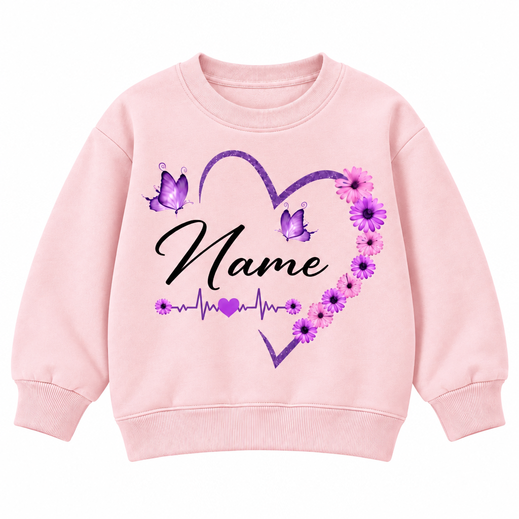 Custom Name Floral Flower Heart Sweatshirt for Kids, Butterfly and Daisy Personalized Crewneck