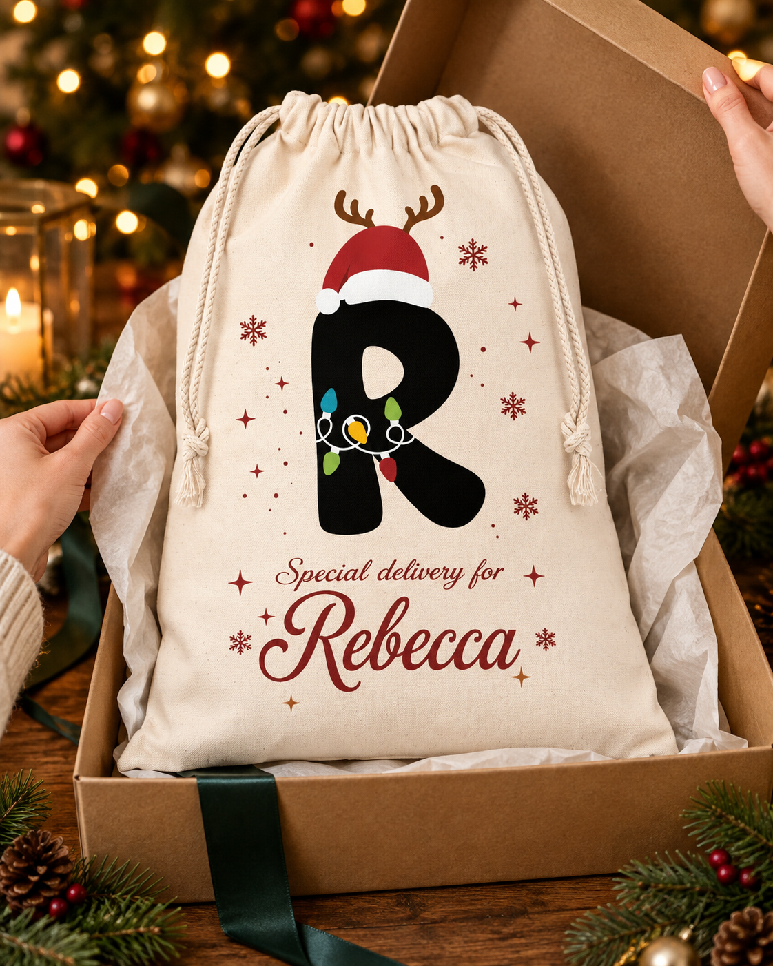 Personalized Christmas Santa Sack with Custom Name, Custom Holiday Gift Bag for Christmas Presents