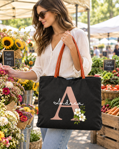 Personalized Flower Initial Tote Bag – Custom Name, Chic & Elegant Everyday Bag