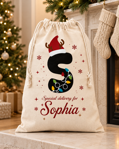 Personalized Christmas Santa Sack with Custom Name, Custom Holiday Gift Bag for Christmas Presents