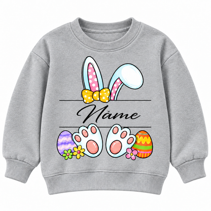 Personalized Name Easter Bunny Sweatshirt for Kids, Cute Rabbit Ears and Colorful Easter Eggs