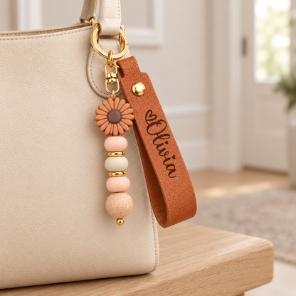 Personalized Name Keychain with Flower Charm – Custom Leather Wristlet Gift for Her