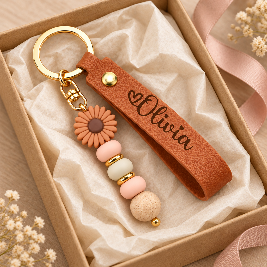 Personalized Name Keychain with Flower Charm – Custom Leather Wristlet Gift for Her